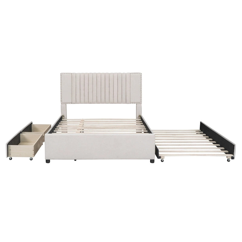 Lit plateforme rembourré pleine grandeur 2 tiroirs Lit gigogne double beige
