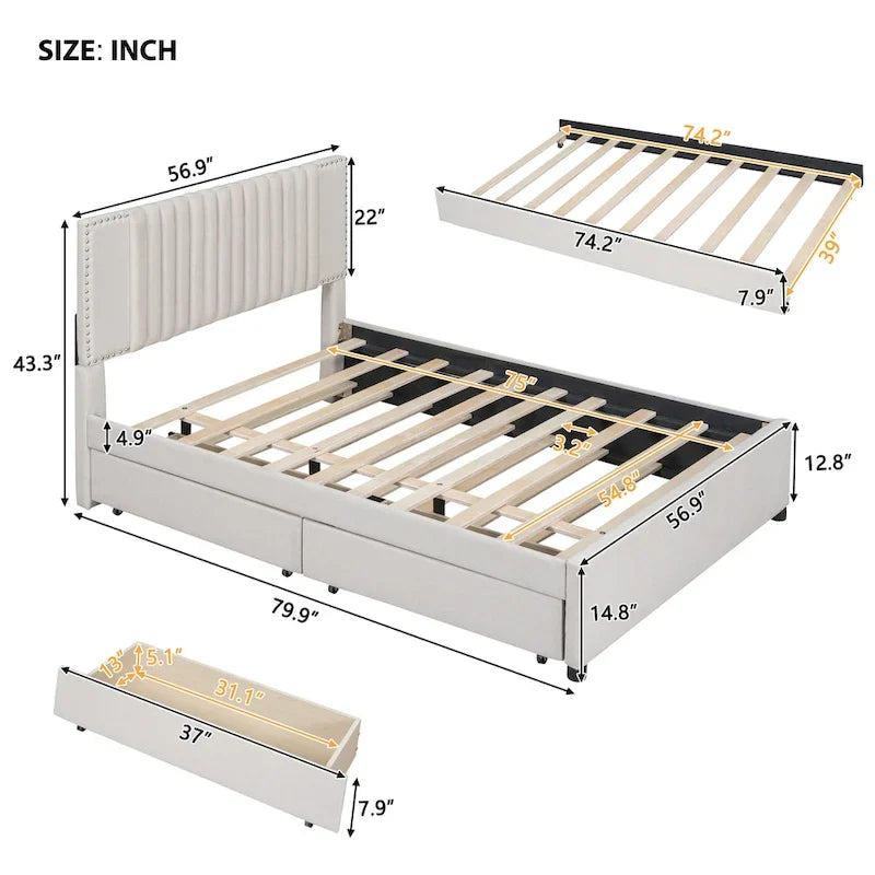 Lit plateforme rembourré pleine grandeur 2 tiroirs Lit gigogne double beige