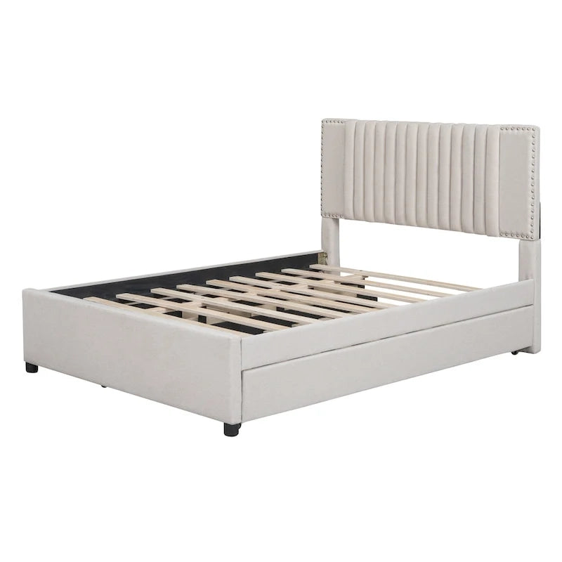 Lit plateforme rembourré pleine grandeur 2 tiroirs Lit gigogne double beige