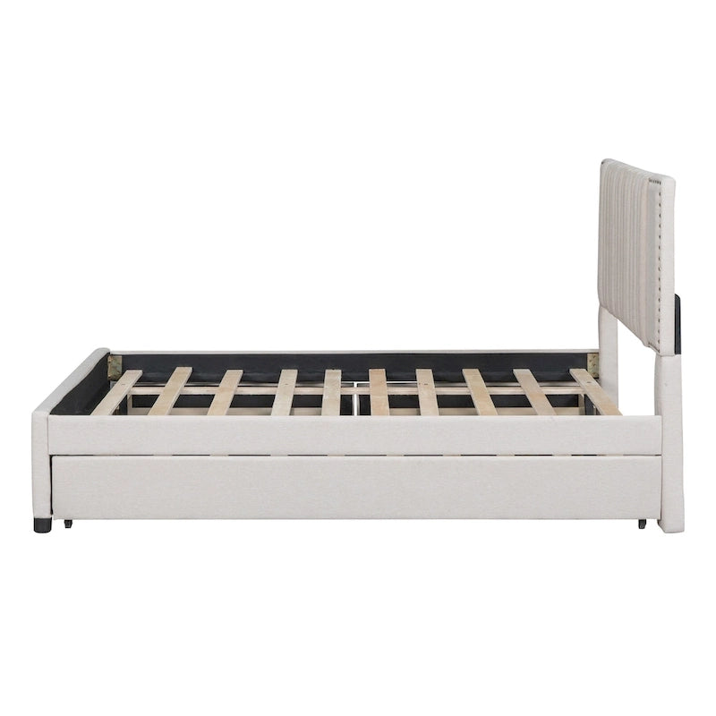 Lit plateforme rembourré pleine grandeur 2 tiroirs Lit gigogne double beige