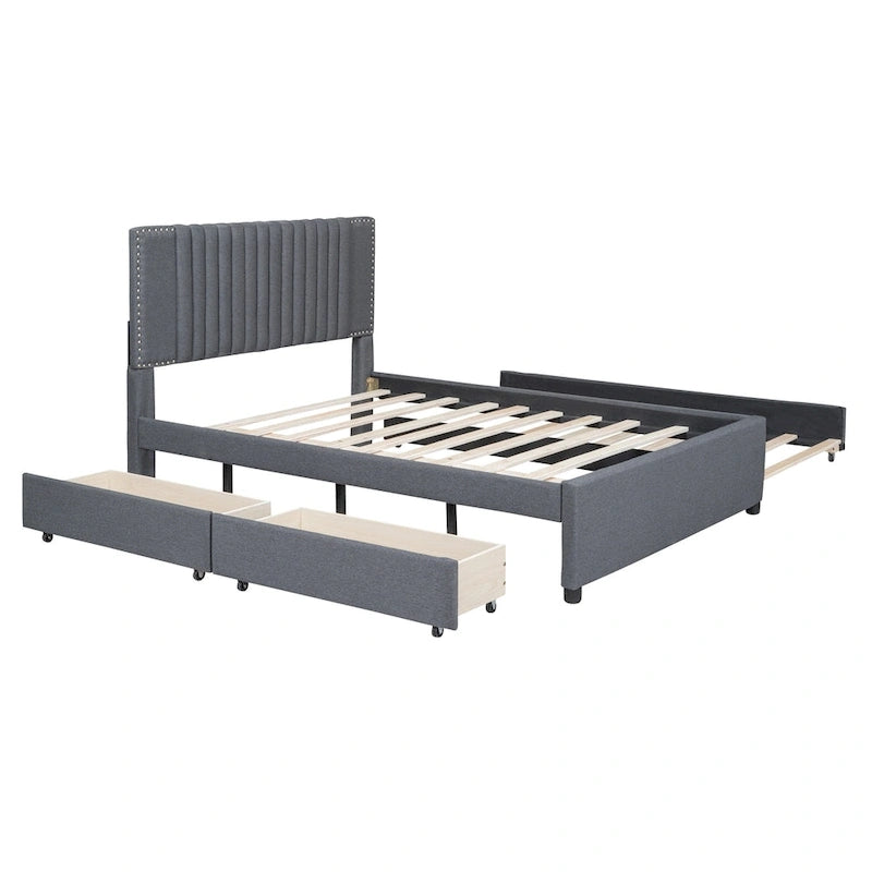 Lit plateforme rembourré pleine grandeur 2 tiroirs Lit gigogne double beige