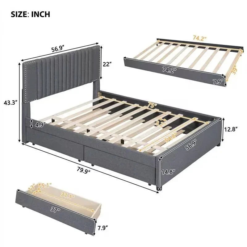 Lit plateforme rembourré pleine grandeur 2 tiroirs Lit gigogne double beige