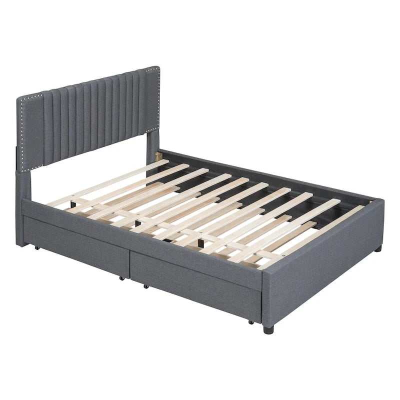 Lit plateforme rembourré pleine grandeur 2 tiroirs Lit gigogne double beige