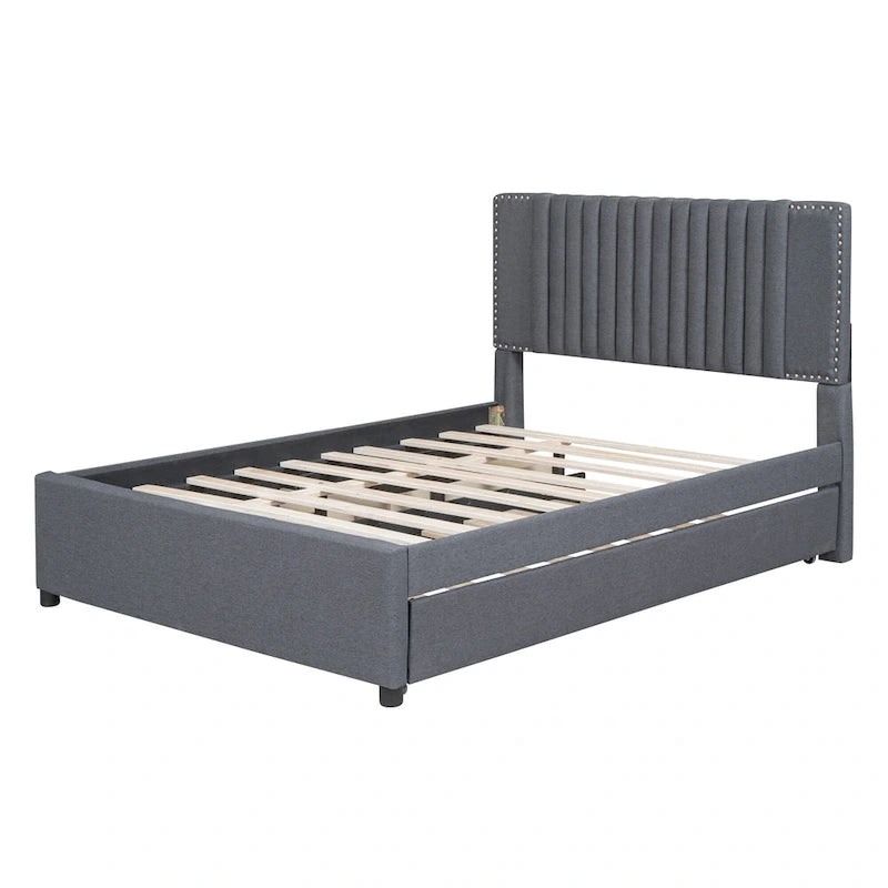 Lit plateforme rembourré pleine grandeur 2 tiroirs Lit gigogne double beige