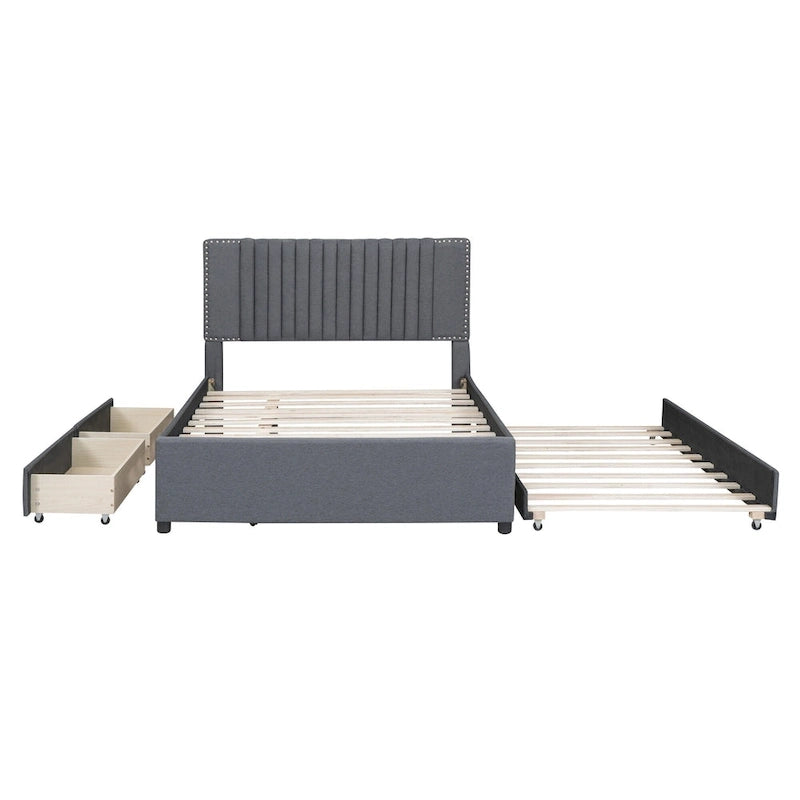 Lit plateforme rembourré pleine grandeur 2 tiroirs Lit gigogne double beige