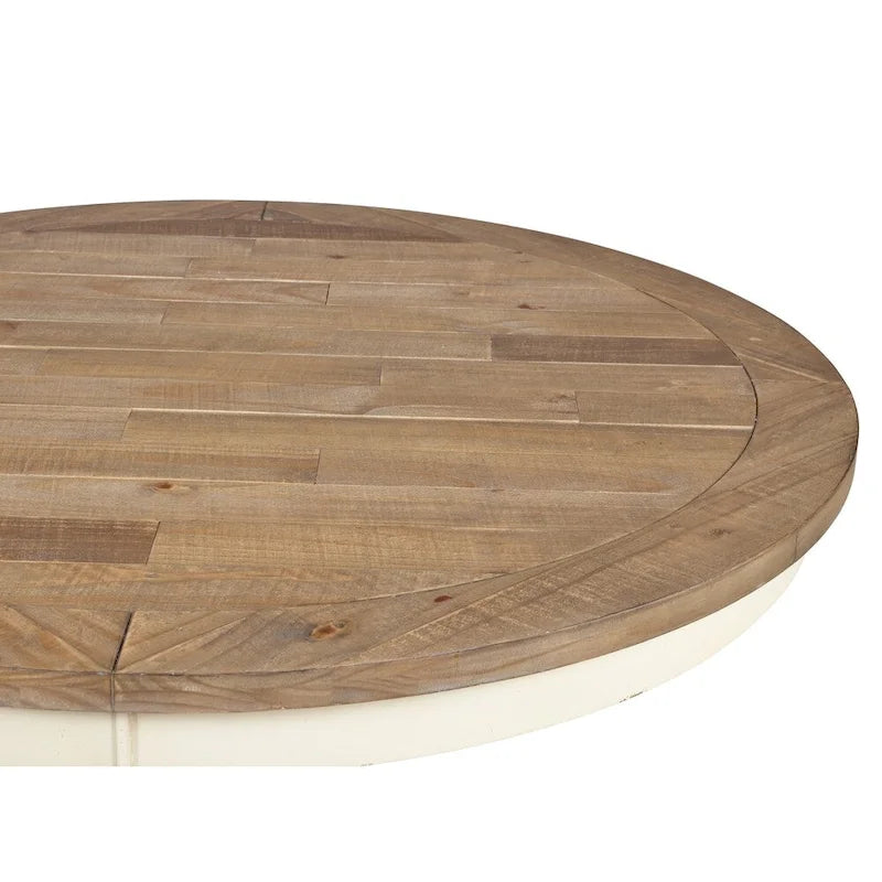 Table à manger ronde à pied central, bicolore blanc antique et chêne vieilli, 6 places