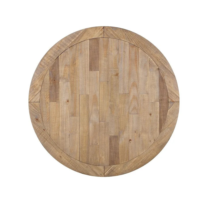Table à manger ronde à pied central, bicolore blanc antique et chêne vieilli, 6 places