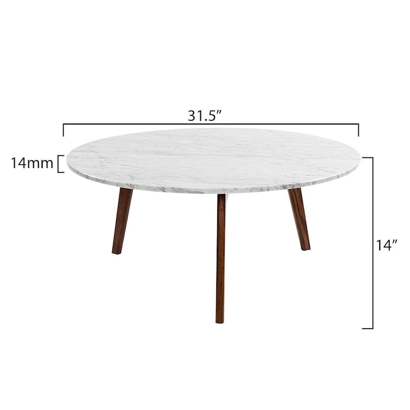 Table basse ronde en marbre blanc de Carrare, pieds inclinés en noyer, style moderne du milieu du siècle