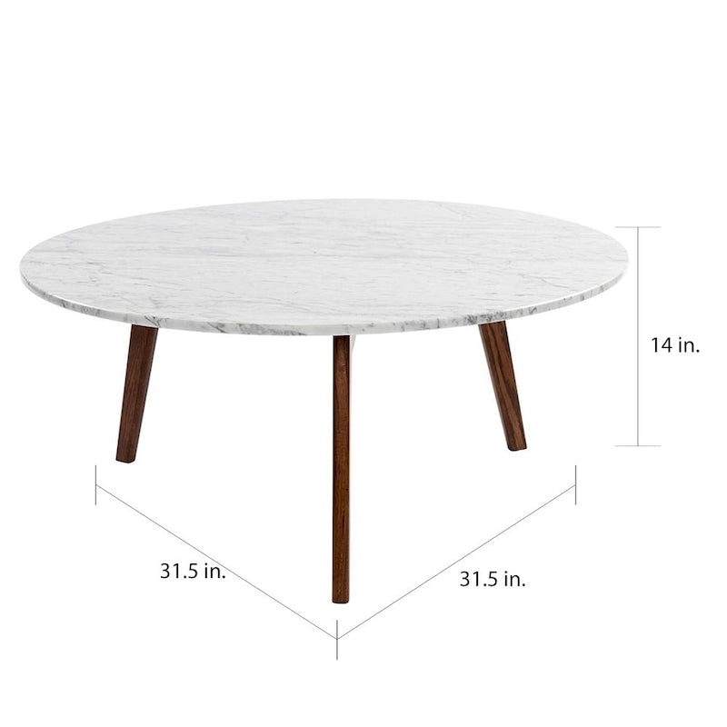 Table basse ronde en marbre blanc de Carrare, pieds inclinés en noyer, style moderne du milieu du siècle