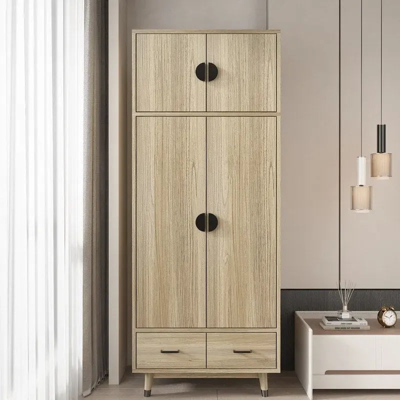 Armoire penderie en bois à 4 portes et 2 tiroirs avec tringle et quincaillerie dorée, style moderne