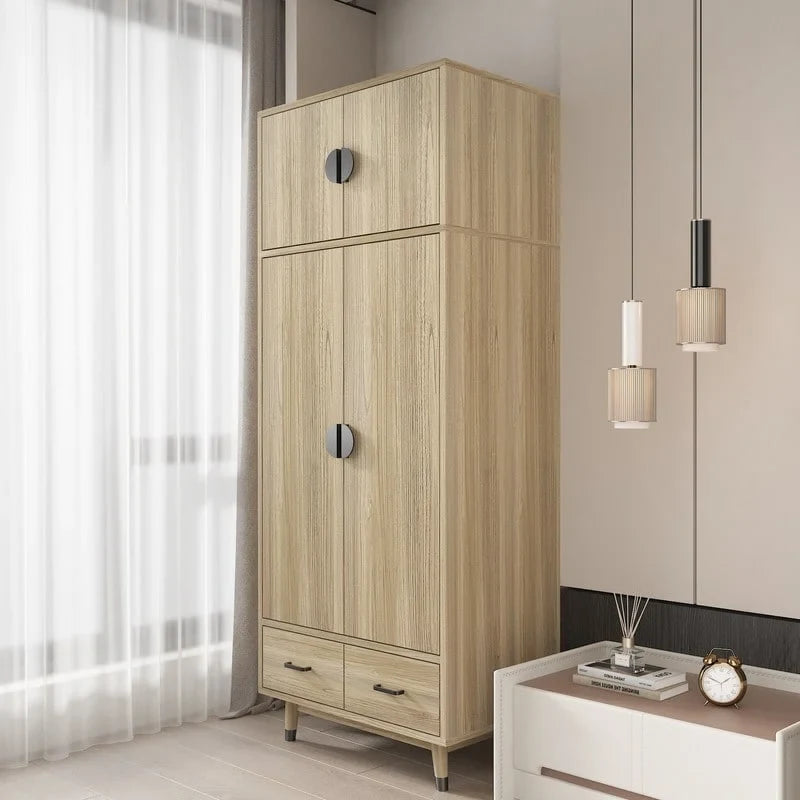 Armoire penderie en bois à 4 portes et 2 tiroirs avec tringle et quincaillerie dorée, style moderne