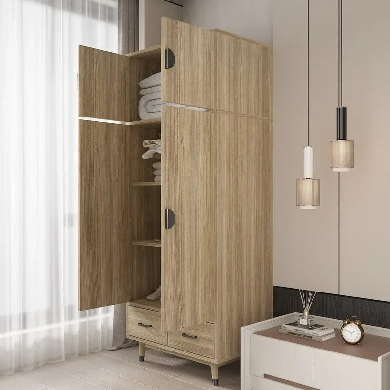 Armoire penderie en bois à 4 portes et 2 tiroirs avec tringle et quincaillerie dorée, style moderne