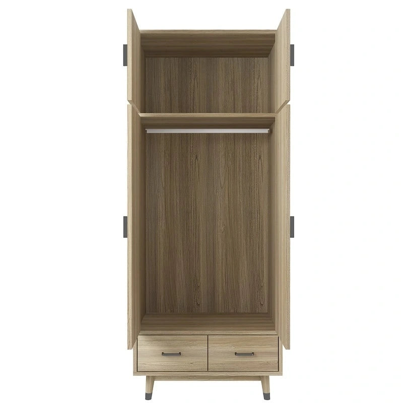 Armoire penderie en bois à 4 portes et 2 tiroirs avec tringle et quincaillerie dorée, style moderne