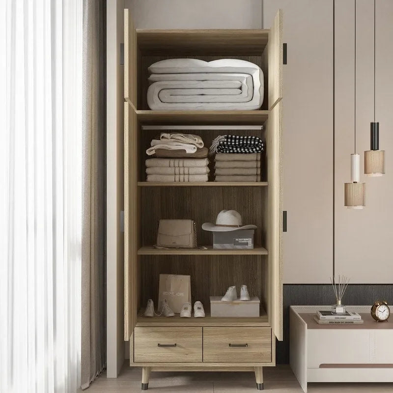 Armoire penderie en bois à 4 portes et 2 tiroirs avec tringle et quincaillerie dorée, style moderne