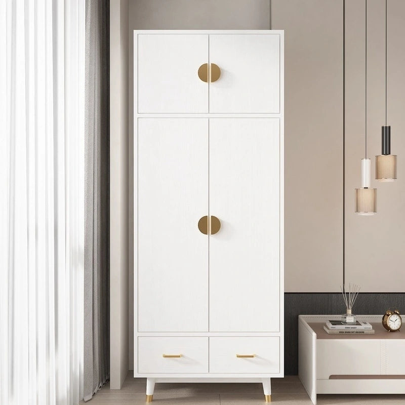 Armoire penderie en bois à 4 portes et 2 tiroirs avec tringle et quincaillerie dorée, style moderne