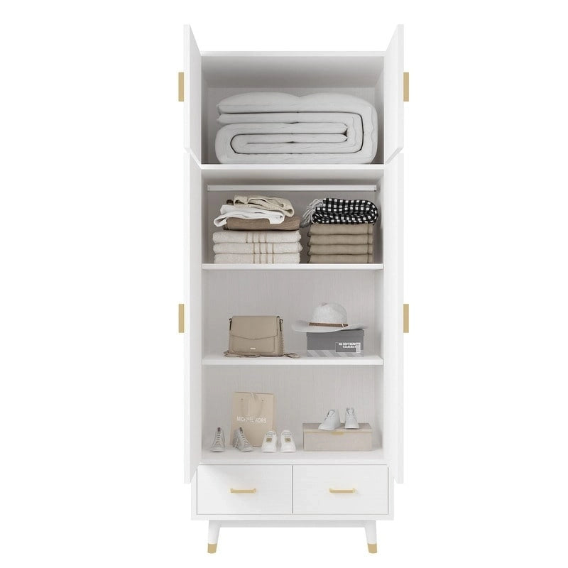 Armoire penderie en bois à 4 portes et 2 tiroirs avec tringle et quincaillerie dorée, style moderne
