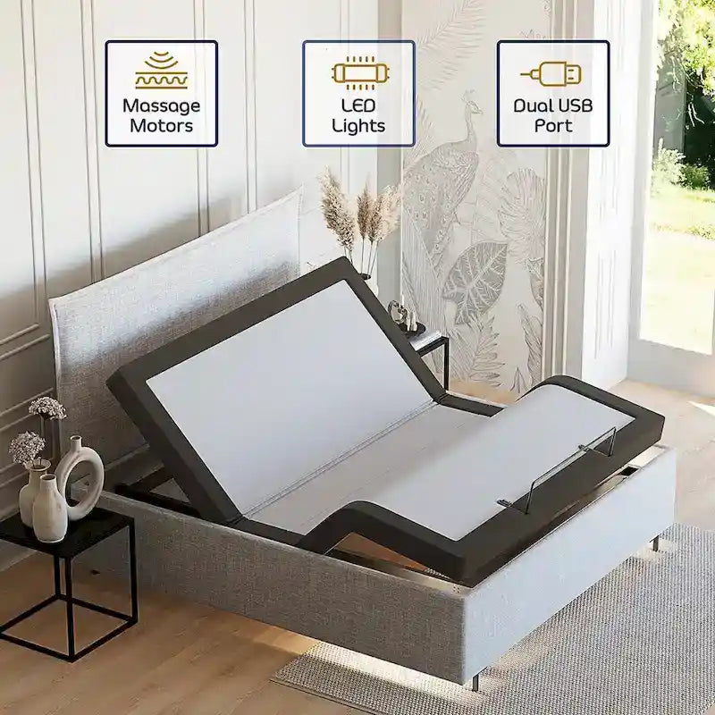 Cadre de lit de massage réglable avec télécommande sans fil, lumière LED et port USB
