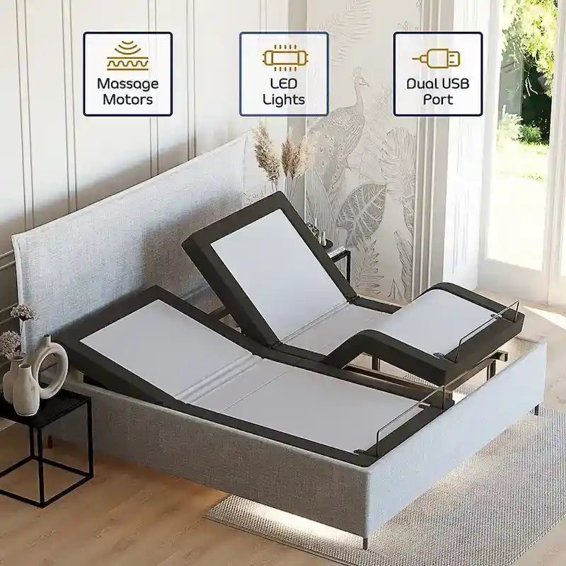 Cadre de lit de massage réglable avec télécommande sans fil, lumière LED et port USB