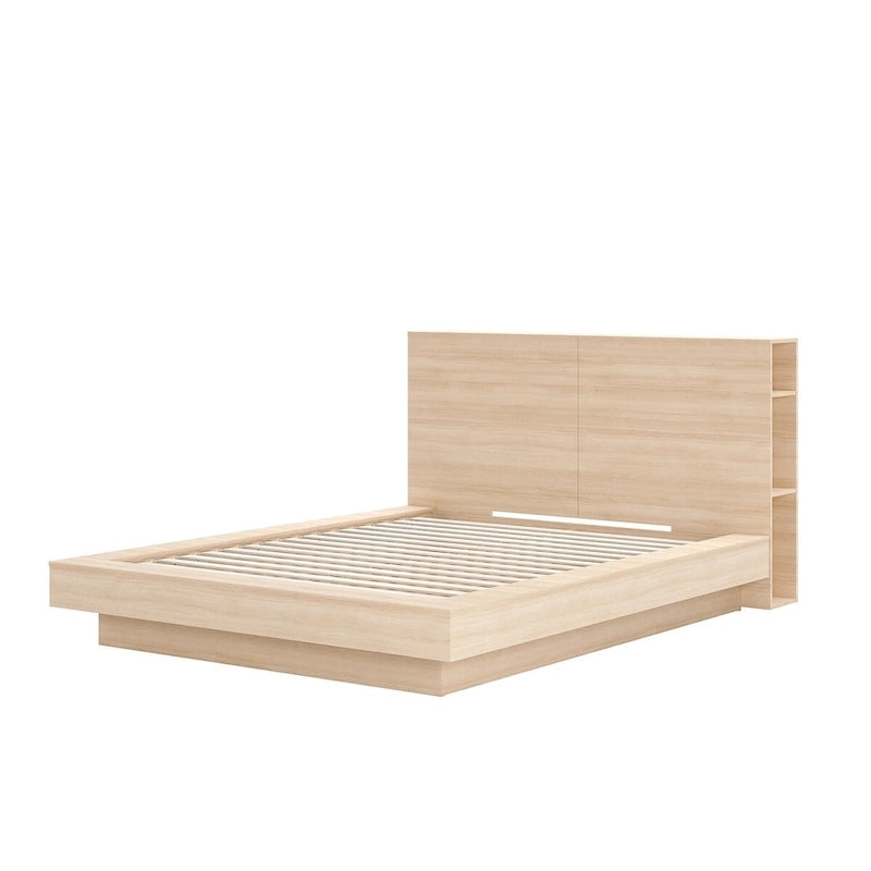 Tête de lit avec rangement et étagères latérales, en chêne, pour lit plateforme surbaissé, aucun sommier tapissier requis