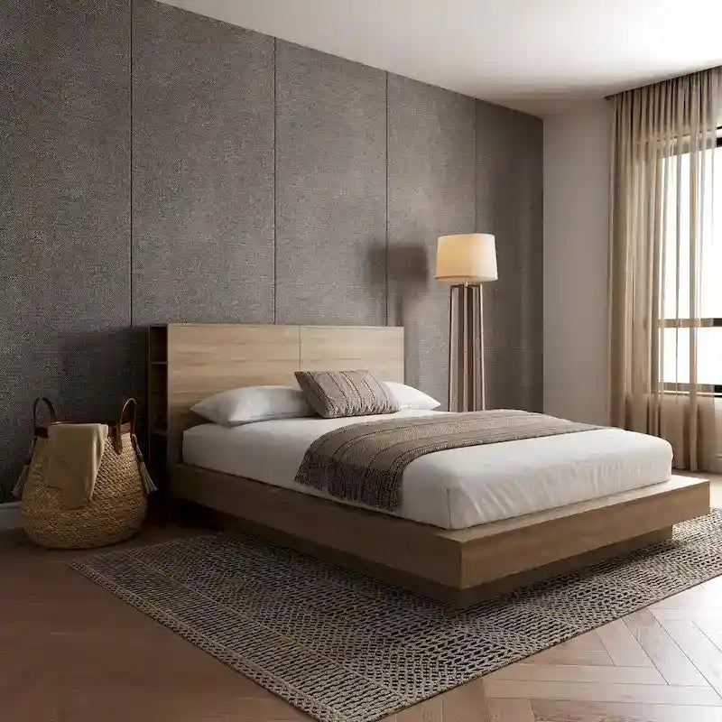 Tête de lit avec rangement et étagères latérales, en chêne, pour lit plateforme surbaissé, aucun sommier tapissier requis