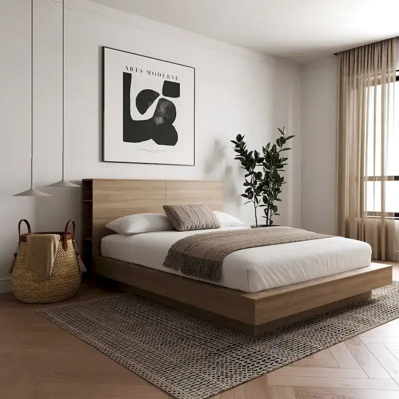 Tête de lit avec rangement et étagères latérales, en chêne, pour lit plateforme surbaissé, aucun sommier tapissier requis