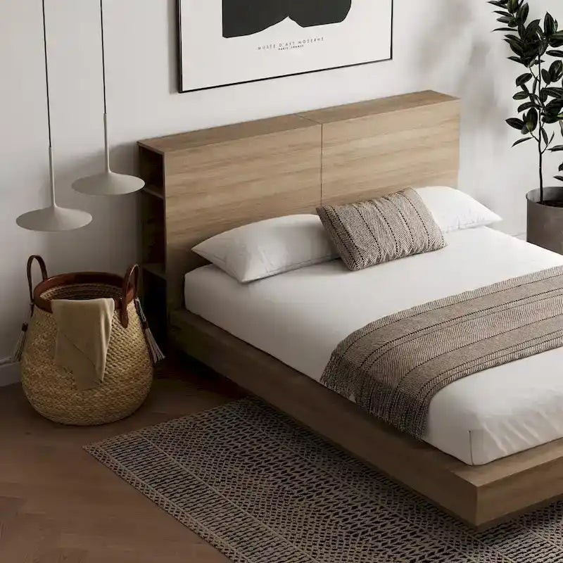 Tête de lit avec rangement et étagères latérales, en chêne, pour lit plateforme surbaissé, aucun sommier tapissier requis