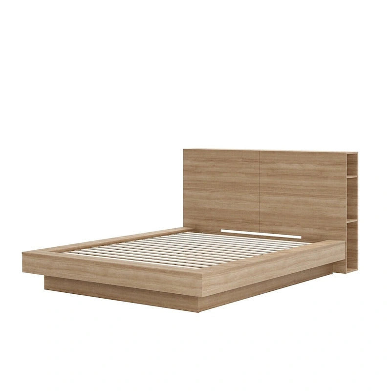 Tête de lit avec rangement et étagères latérales, en chêne, pour lit plateforme surbaissé, aucun sommier tapissier requis