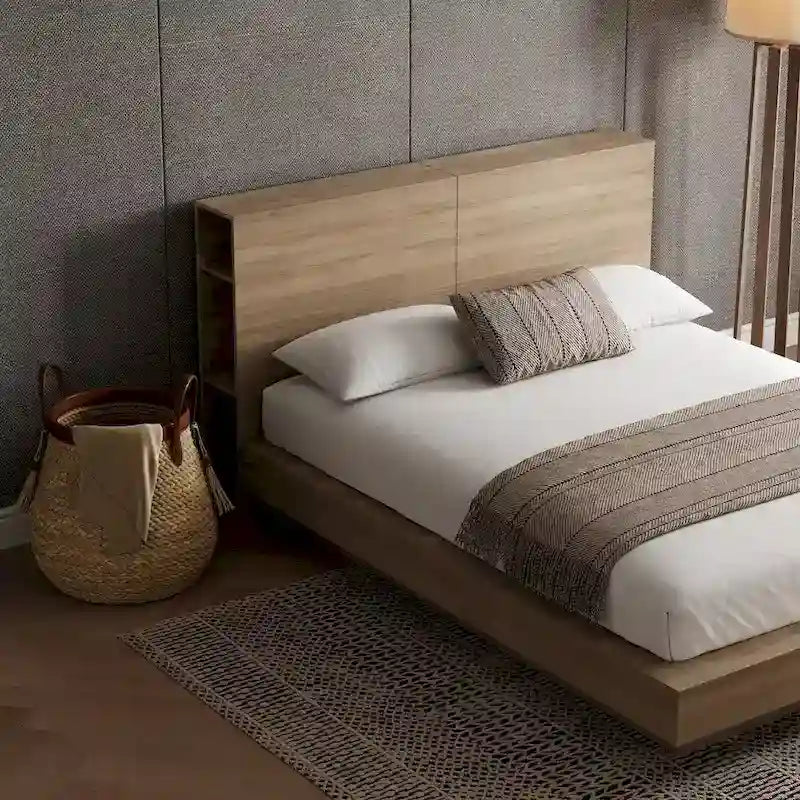 Tête de lit avec rangement et étagères latérales, en chêne, pour lit plateforme surbaissé, aucun sommier tapissier requis