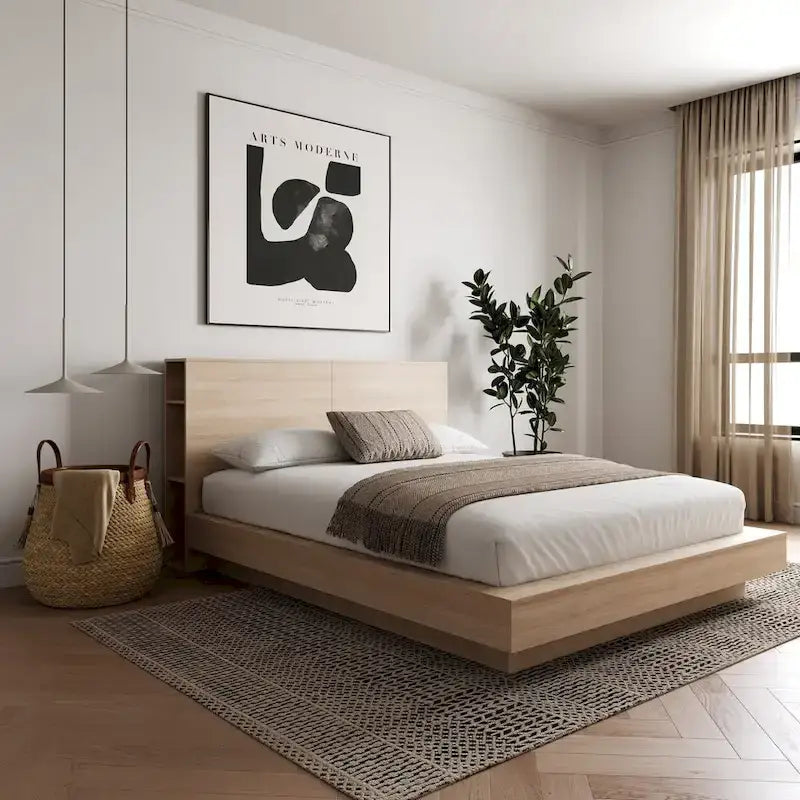 Tête de lit avec rangement et étagères latérales, en chêne, pour lit plateforme surbaissé, aucun sommier tapissier requis