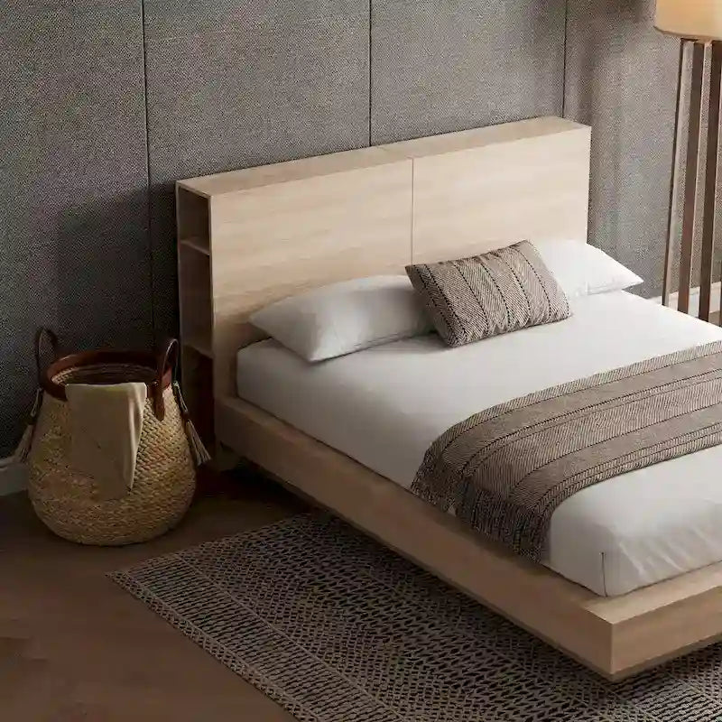 Tête de lit avec rangement et étagères latérales, en chêne, pour lit plateforme surbaissé, aucun sommier tapissier requis