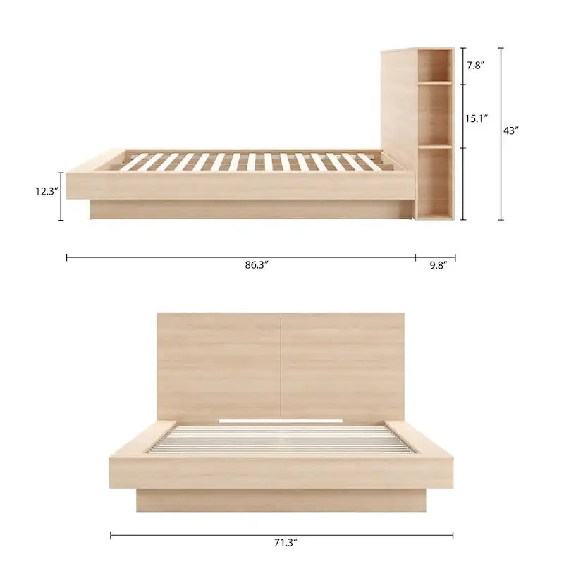 Tête de lit avec rangement et étagères latérales, en chêne, pour lit plateforme surbaissé, aucun sommier tapissier requis