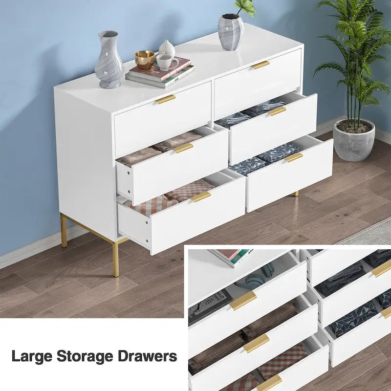 Commode large à 6 tiroirs, en panneau de particules blanc, pieds en métal doré, poignées de barre, moderne