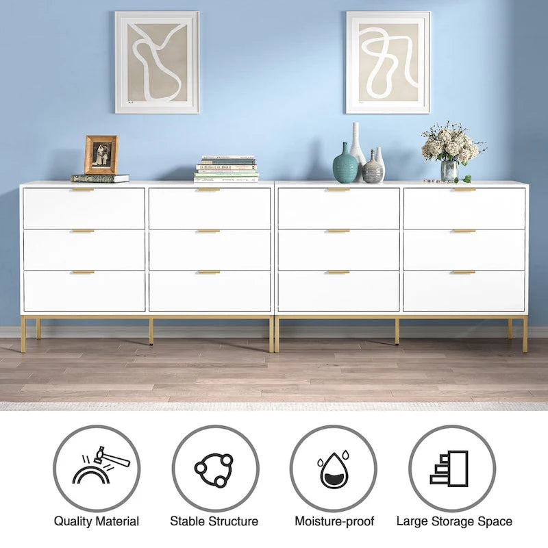 Commode large à 6 tiroirs, en panneau de particules blanc, pieds en métal doré, poignées de barre, moderne