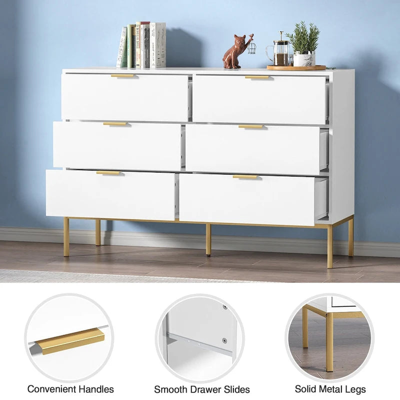 Commode large à 6 tiroirs, en panneau de particules blanc, pieds en métal doré, poignées de barre, moderne