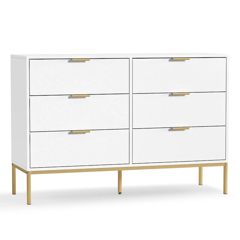 Commode large à 6 tiroirs, en panneau de particules blanc, pieds en métal doré, poignées de barre, moderne