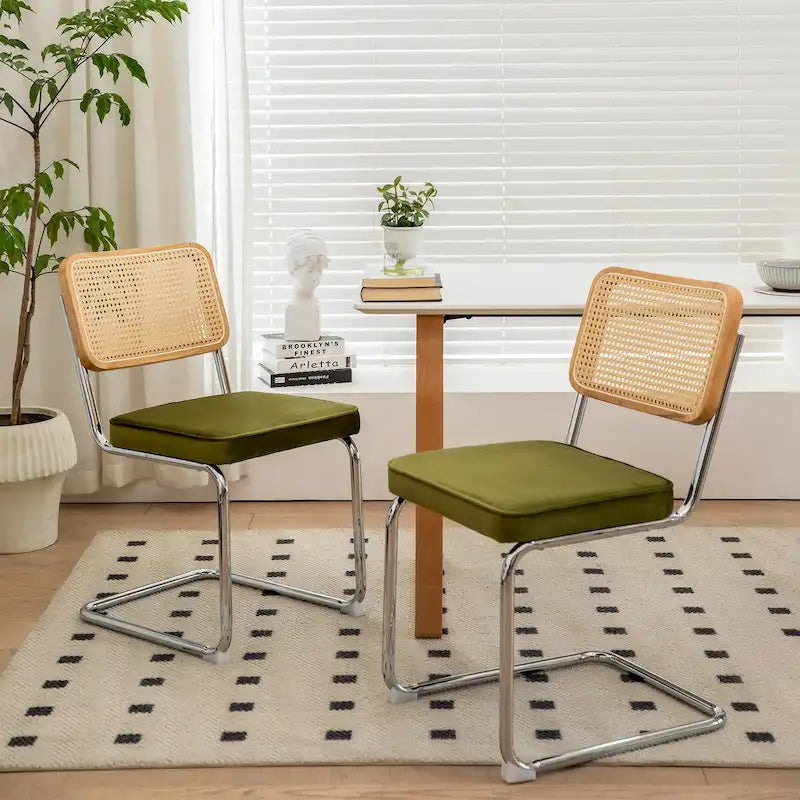 Lot de 2 chaises de salle à manger cantilever, style Mid-Century, dossier en rotin, assise rembourrée