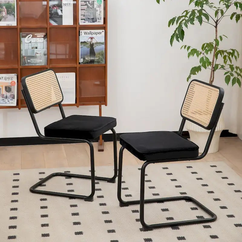 Lot de 2 chaises de salle à manger cantilever, style Mid-Century, dossier en rotin, assise rembourrée