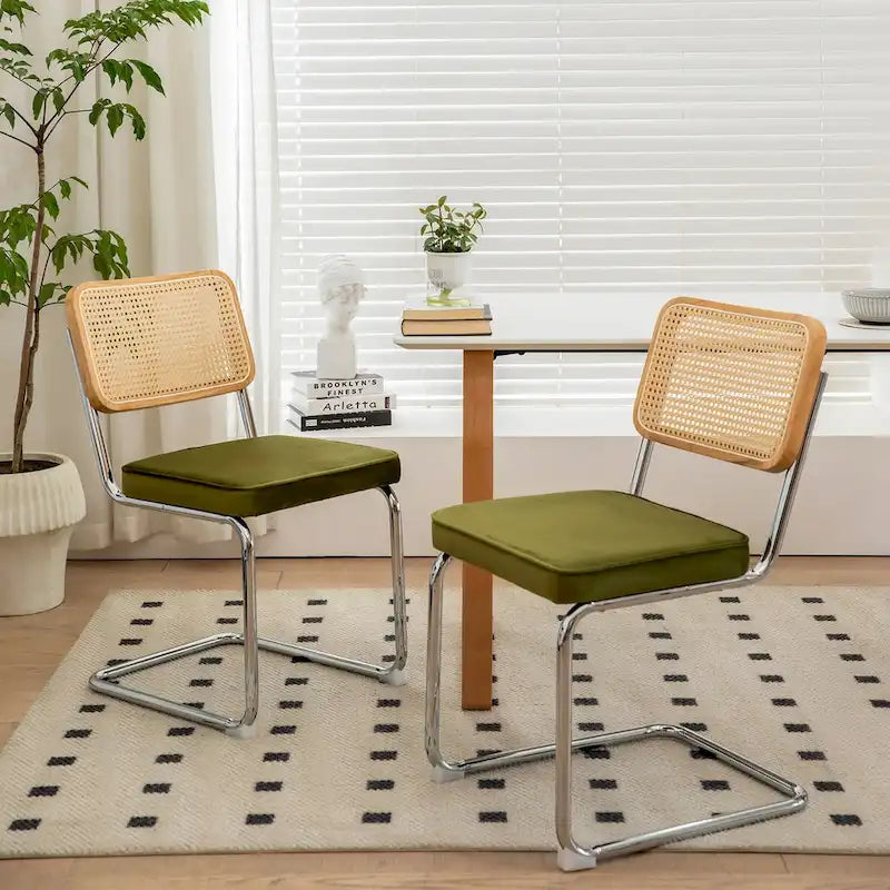 Lot de 2 chaises de salle à manger cantilever, style Mid-Century, dossier en rotin, assise rembourrée