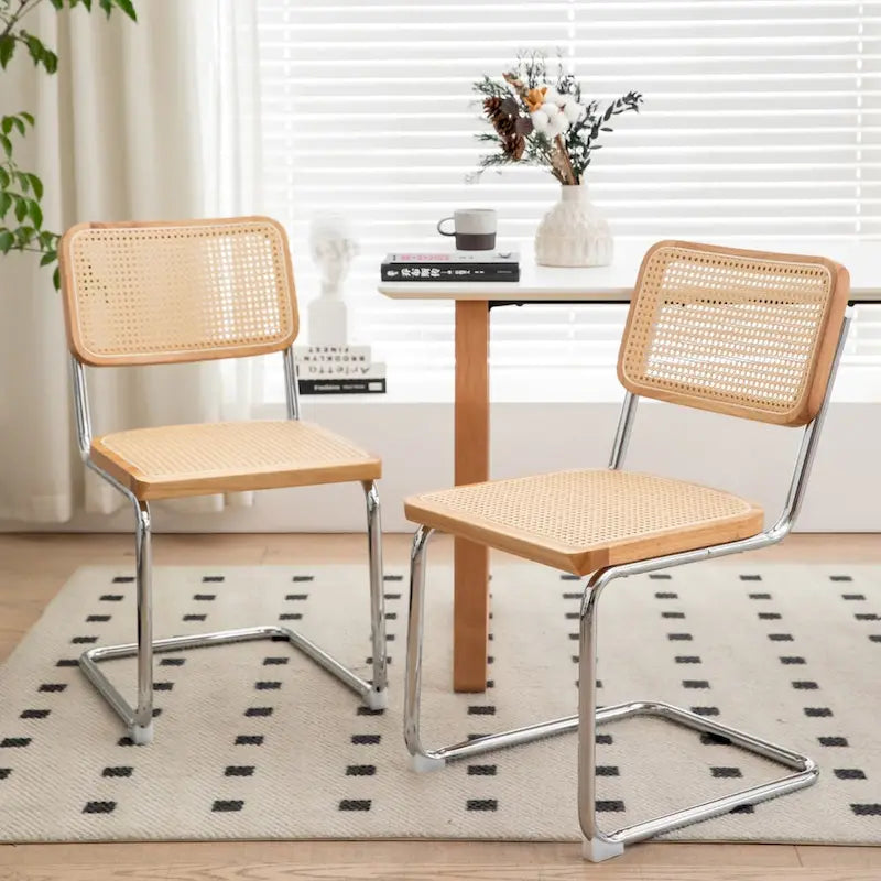 Lot de 2 chaises de salle à manger cantilever, style Mid-Century, dossier en rotin, assise rembourrée