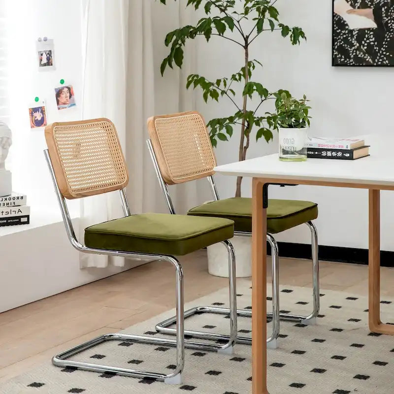Lot de 2 chaises de salle à manger cantilever, style Mid-Century, dossier en rotin, assise rembourrée