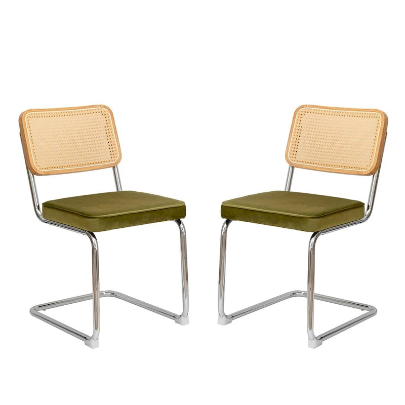 Lot de 2 chaises de salle à manger cantilever, style Mid-Century, dossier en rotin, assise rembourrée