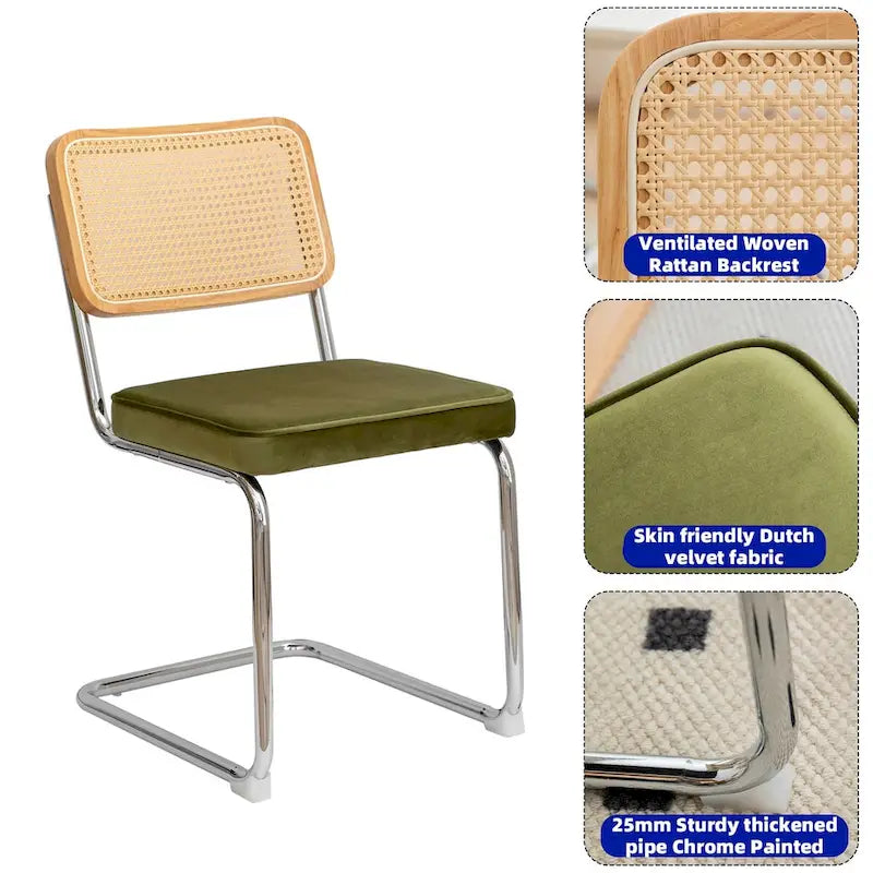 Lot de 2 chaises de salle à manger cantilever, style Mid-Century, dossier en rotin, assise rembourrée