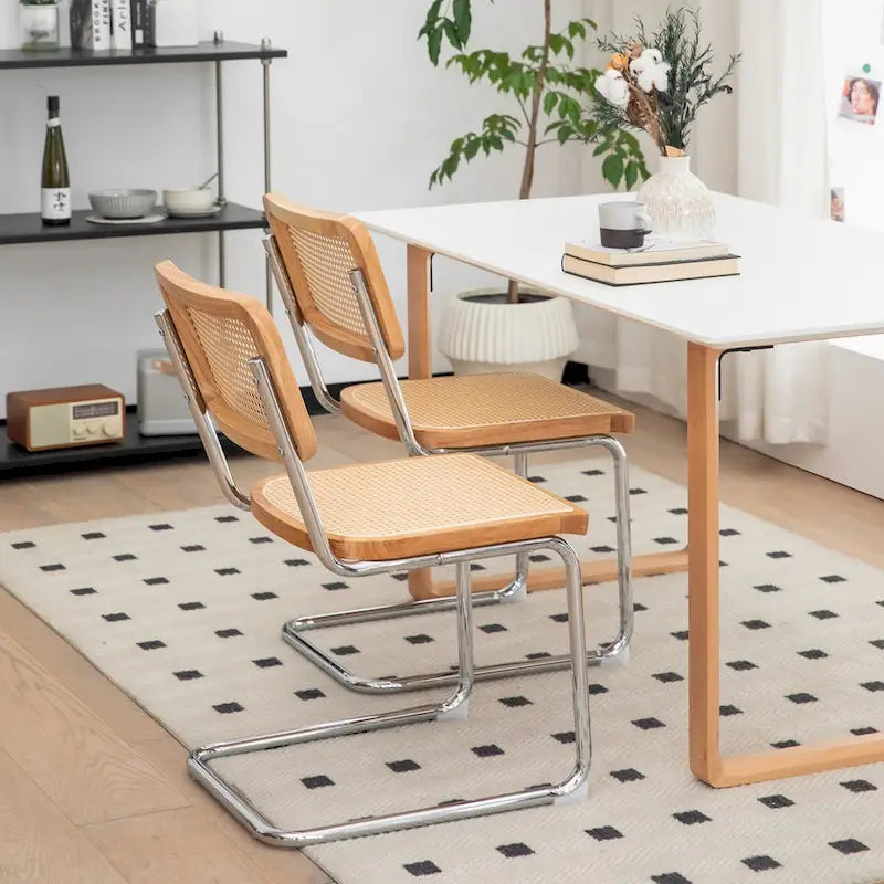 Lot de 2 chaises de salle à manger cantilever, style Mid-Century, dossier en rotin, assise rembourrée