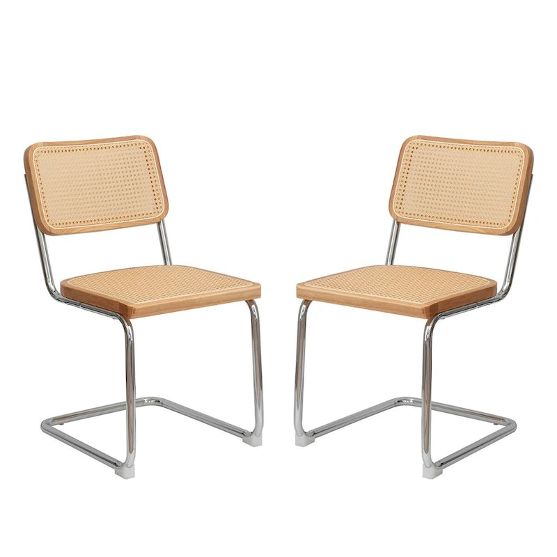 Lot de 2 chaises de salle à manger cantilever, style Mid-Century, dossier en rotin, assise rembourrée