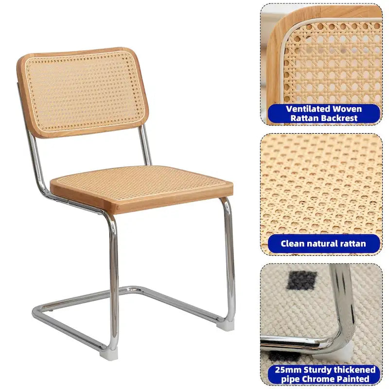 Lot de 2 chaises de salle à manger cantilever, style Mid-Century, dossier en rotin, assise rembourrée