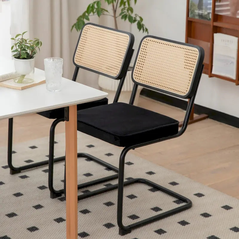 Lot de 2 chaises de salle à manger cantilever, style Mid-Century, dossier en rotin, assise rembourrée