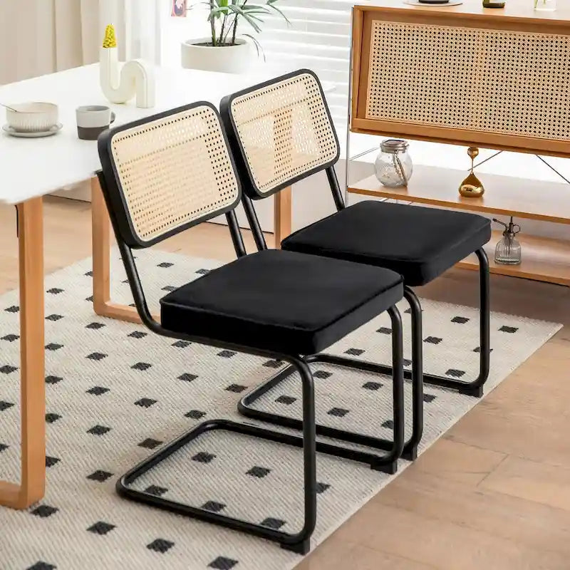 Lot de 2 chaises de salle à manger cantilever, style Mid-Century, dossier en rotin, assise rembourrée
