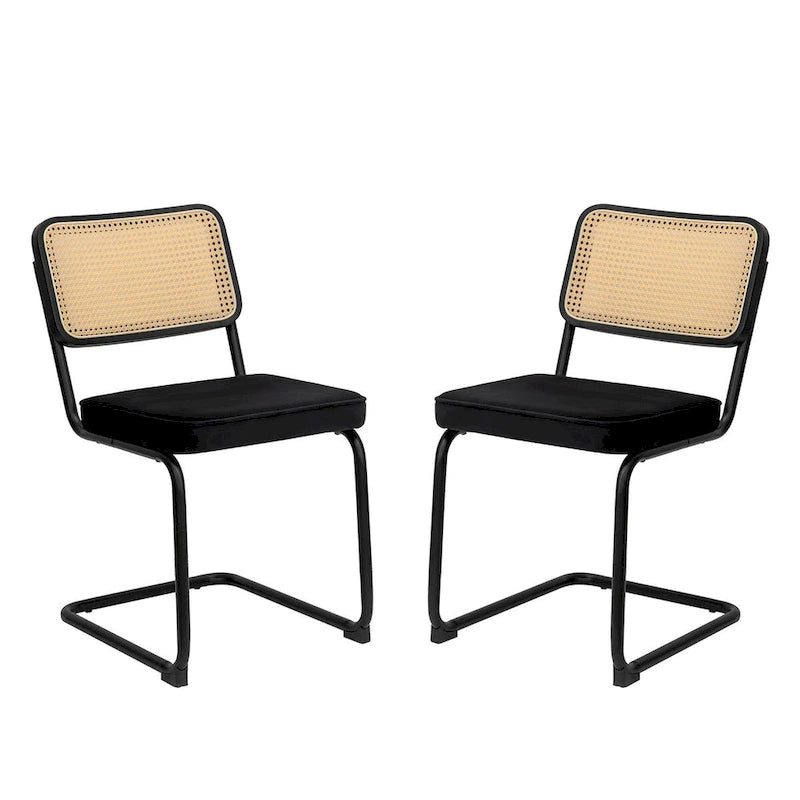 Lot de 2 chaises de salle à manger cantilever, style Mid-Century, dossier en rotin, assise rembourrée