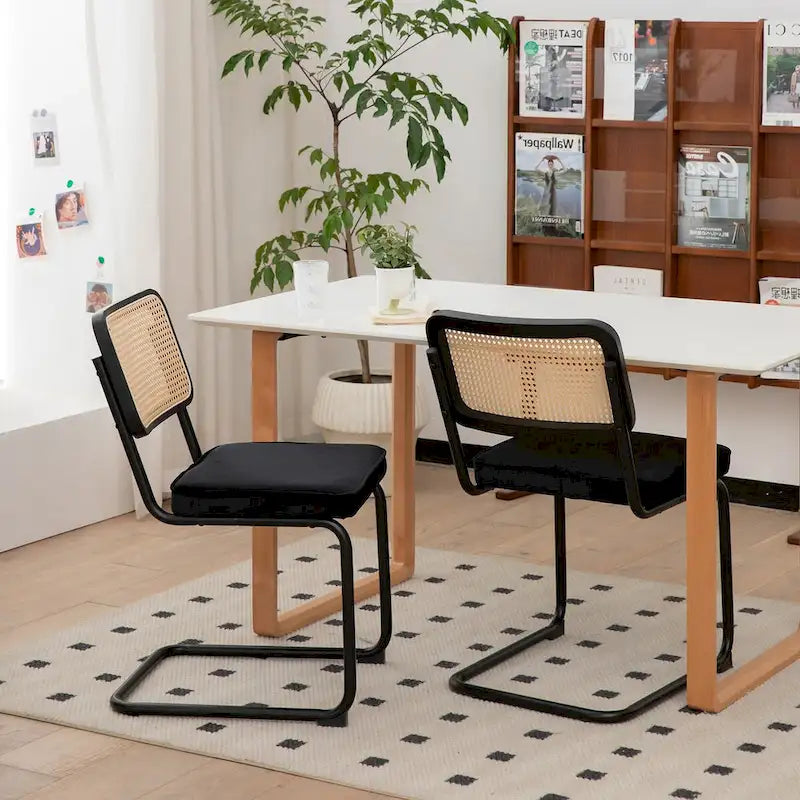 Lot de 2 chaises de salle à manger cantilever, style Mid-Century, dossier en rotin, assise rembourrée