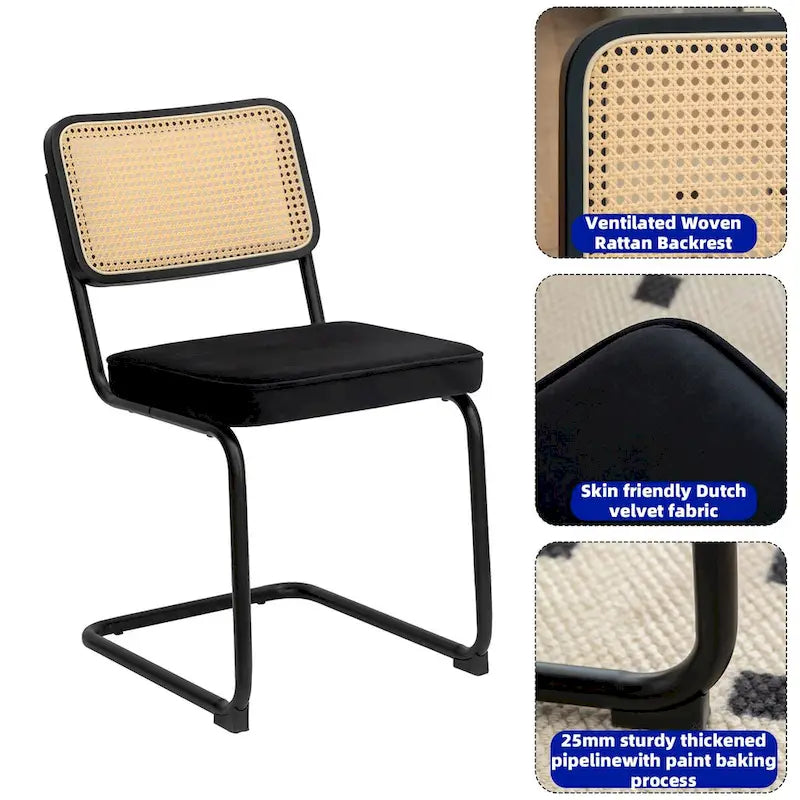 Lot de 2 chaises de salle à manger cantilever, style Mid-Century, dossier en rotin, assise rembourrée